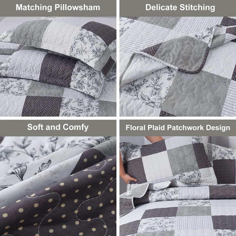 JessyHome King Floral & Plaid Patchwork Quilt Set - Lightweight Reversible Bedspread - Grey & Black White Paisley Floral Quilt - Image 5